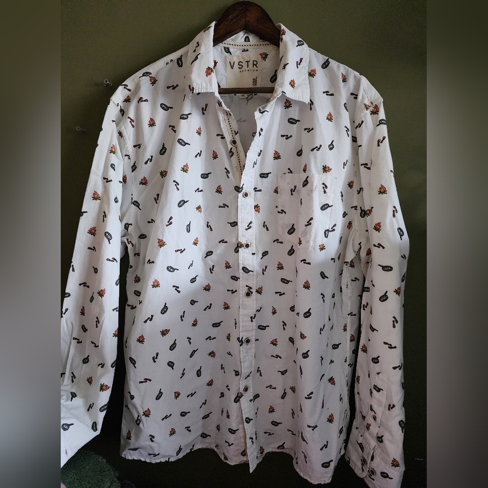 VSTR Modern Nomad Wardrobe White Patterned Men's Shirt Campfire XL Bacon Eggs